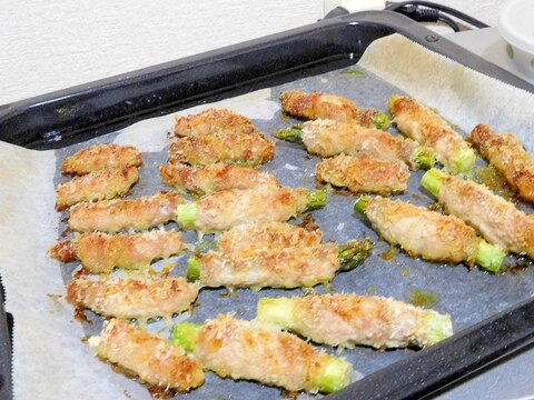 豚薄切り肉で　野菜巻パン粉焼き